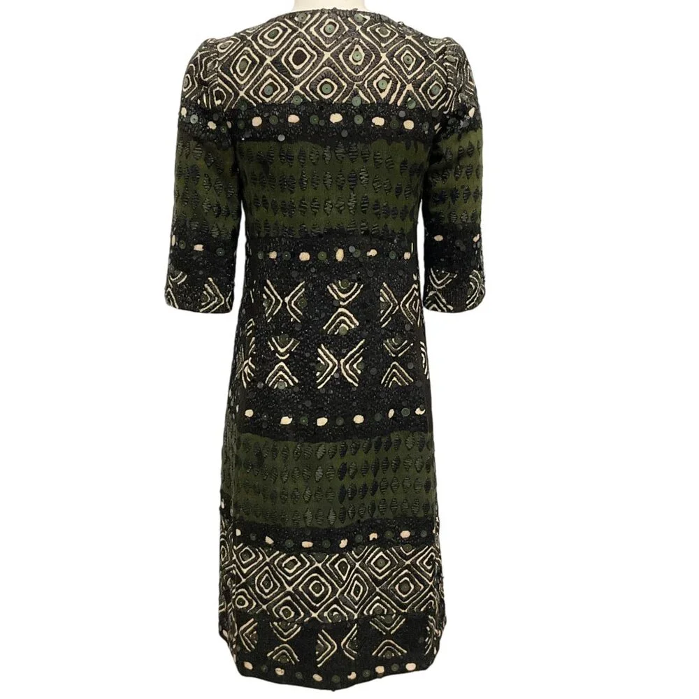 Oscar de la Renta Olive / Black Raffia and Sequin Embellished 3/4 Sleeve Coat - Picture 3 of 4